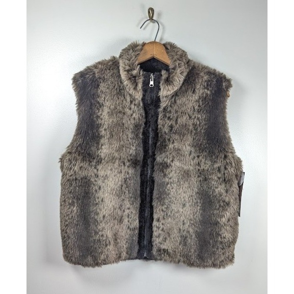 Wooly Bully Lodge Vest Womens Size Large Faux Fur Reversible Zip Winter USA NEW